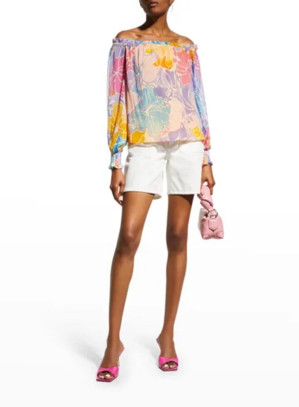Ramy Brook Addison Silk Off Shoulder Floral Blouse Small Multicolor Sheer Top